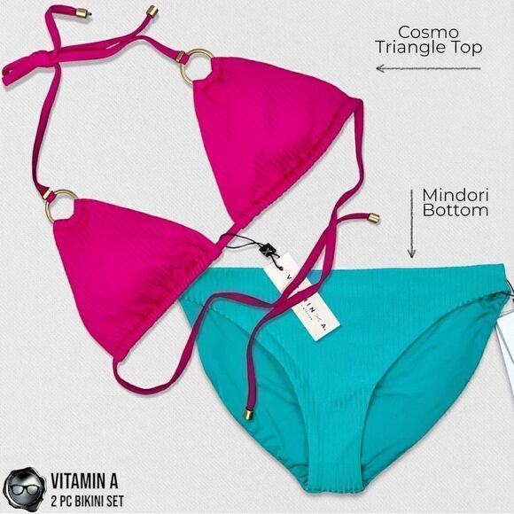 VITAMIN A SWIM BIKINI SET : MAGENTA COSMO TRIANGLE TOP + TURQUOISE MIDORI BOTTOM - Picture 9 of 16